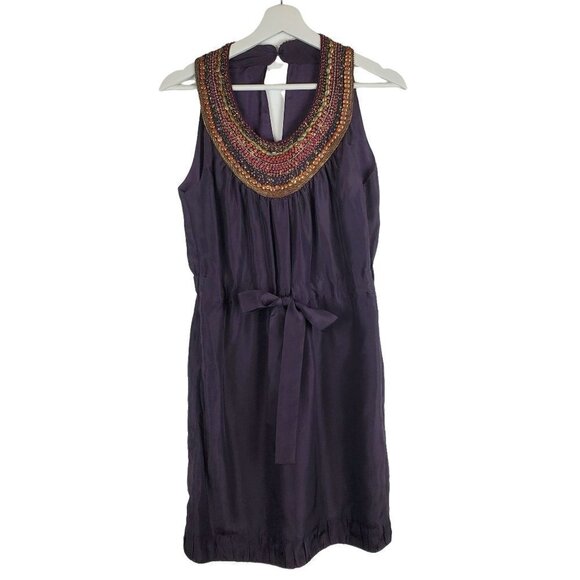Anthropologie Dress Small Purple 100% Silk Sheath Beaded Statement Collar - Picture 1 of 11